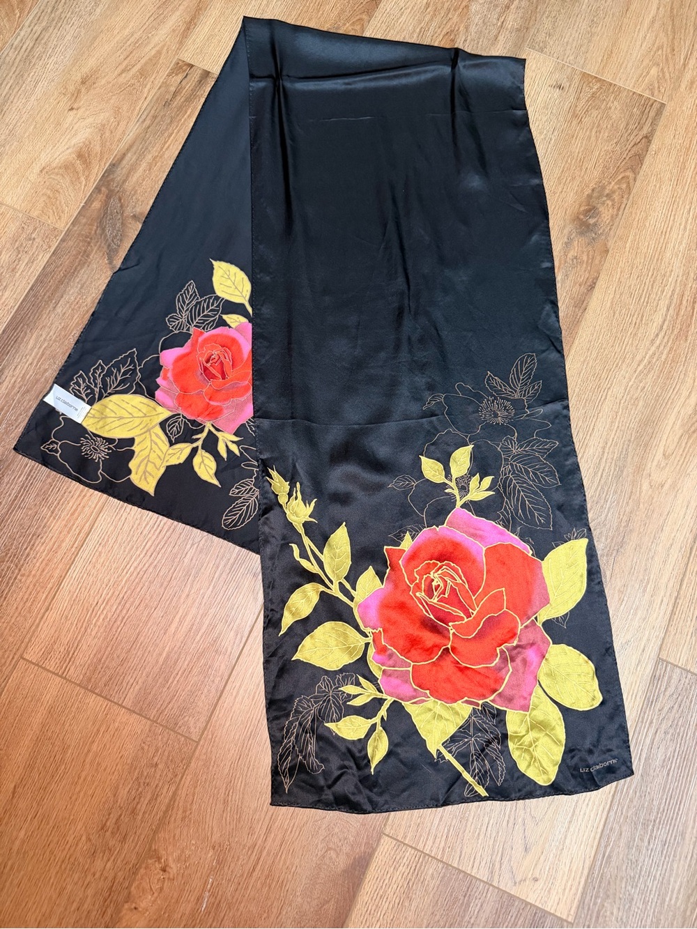Vintage Liz Claiborne 100% Silk Floral Rose Scarf Black Gold Red 90s Oblong